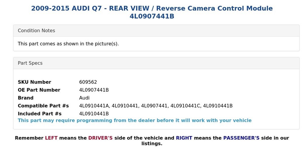 2009-2015 AUDI Q7 - REAR VIEW / Reverse Camera Control Module 4L0907441B
