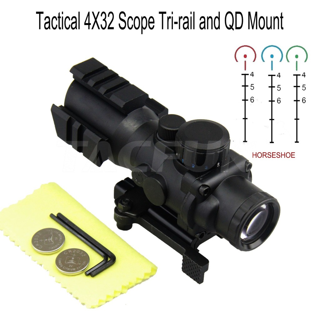 Tactical Scope 4X32 Tri-Rail Mount with Quick Release Horseshoe