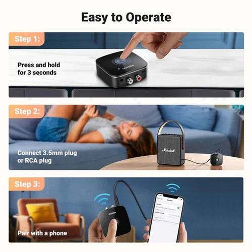 Bluetooth Audio Receiver With 3.5mm & 2 RCA Adapter (Black) (CM123)