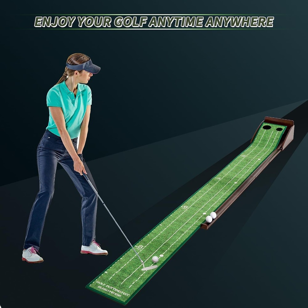 Foldable Portable Golf Putting Mat with Mirror & Automatic Ball Return System