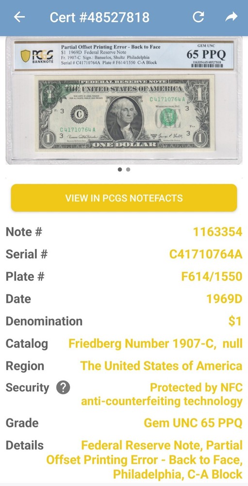 $1 1969D FRN Partial Offset Printing Error Back To Face PCGS 65 PPQ Gem UNC