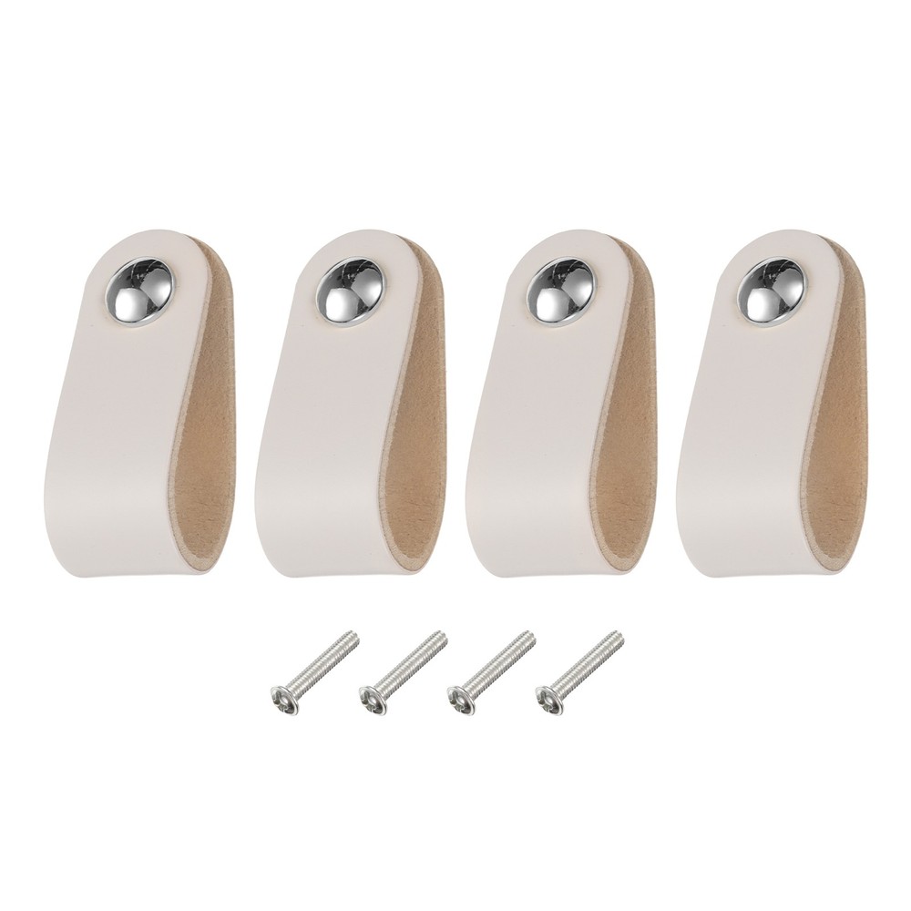 4 Packs Leather Drawer Pulls Single Hole Knobs for Drawers, Cream/Silver