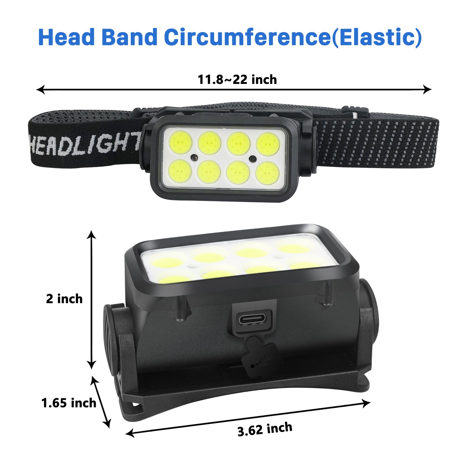 COB LED Headlamp USB Rechargeable Headlight Torch Work Light Bar Head Band Lamp