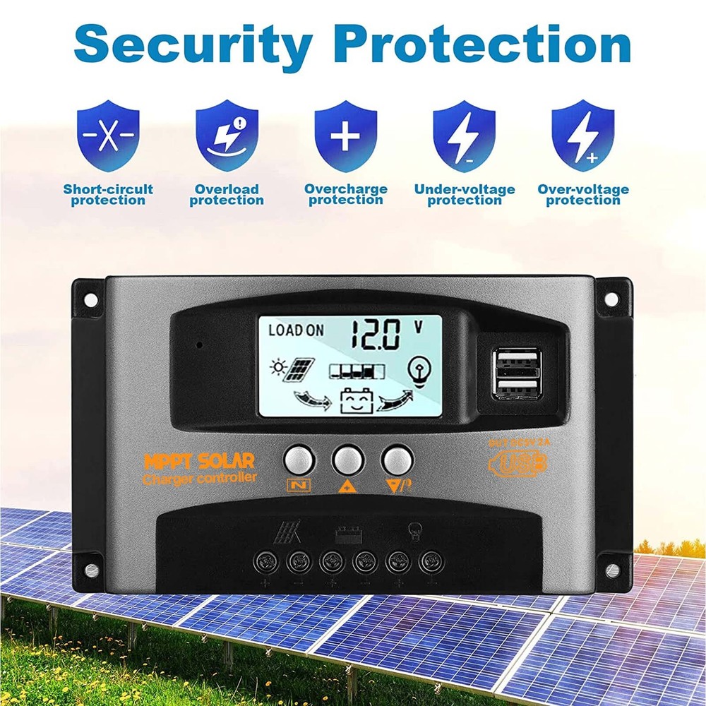 60A MPPT Solar Panel Battery Charge Controller 12V/24V LCD Regulator Dual USB