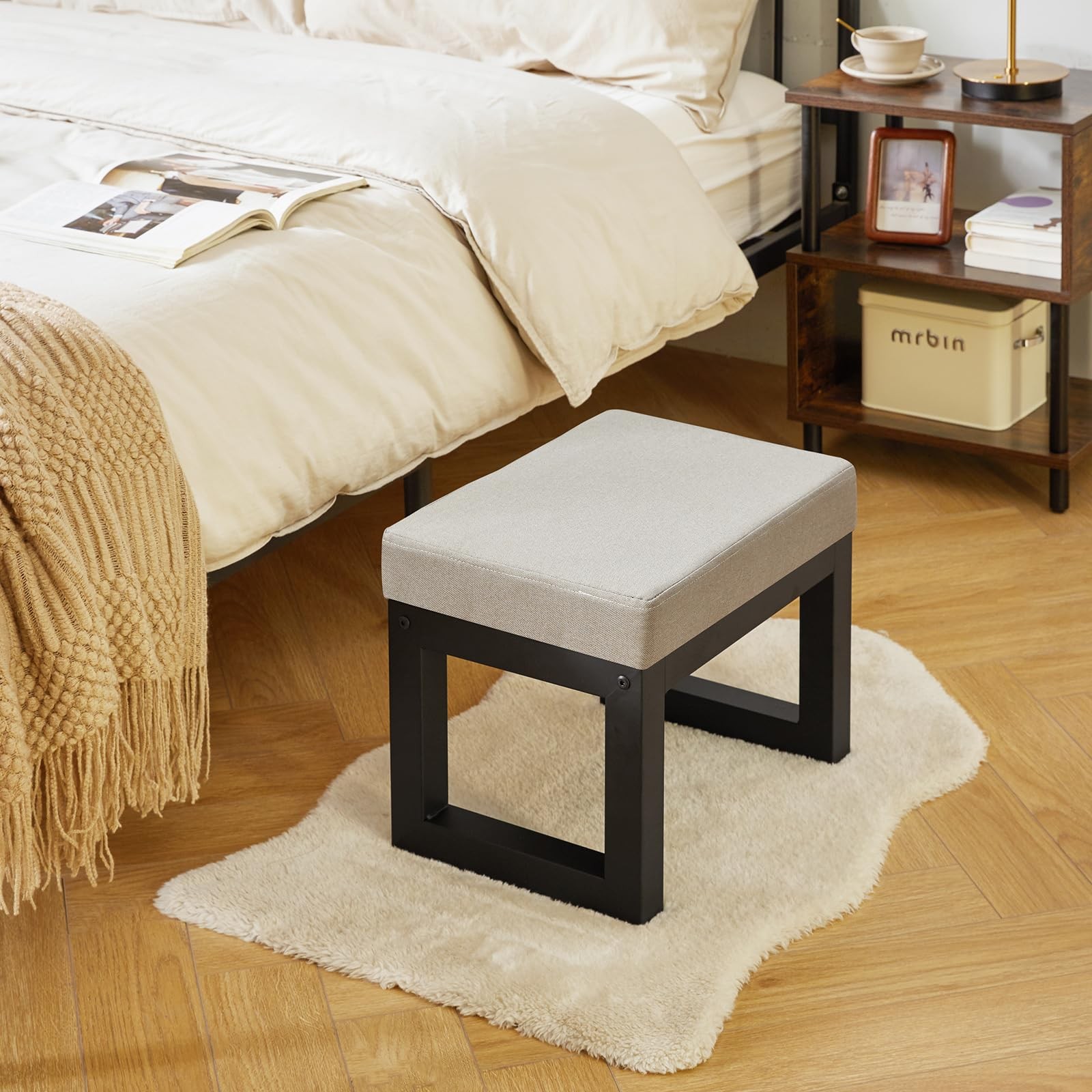 16 Inch Small Foot Stool Ottoman, Rectangle Linen Foot Rest with Padded Seat ...