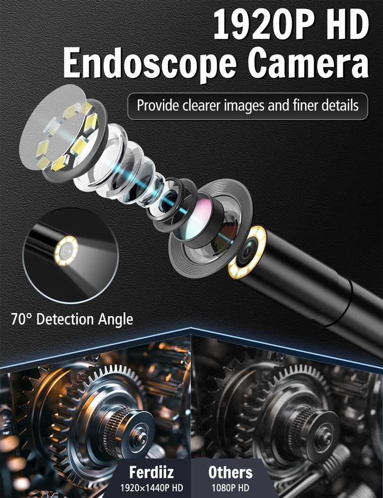 Endoscope Camera with Light, 1920P HD Borescope with 8 Adjustable LED Lights,...