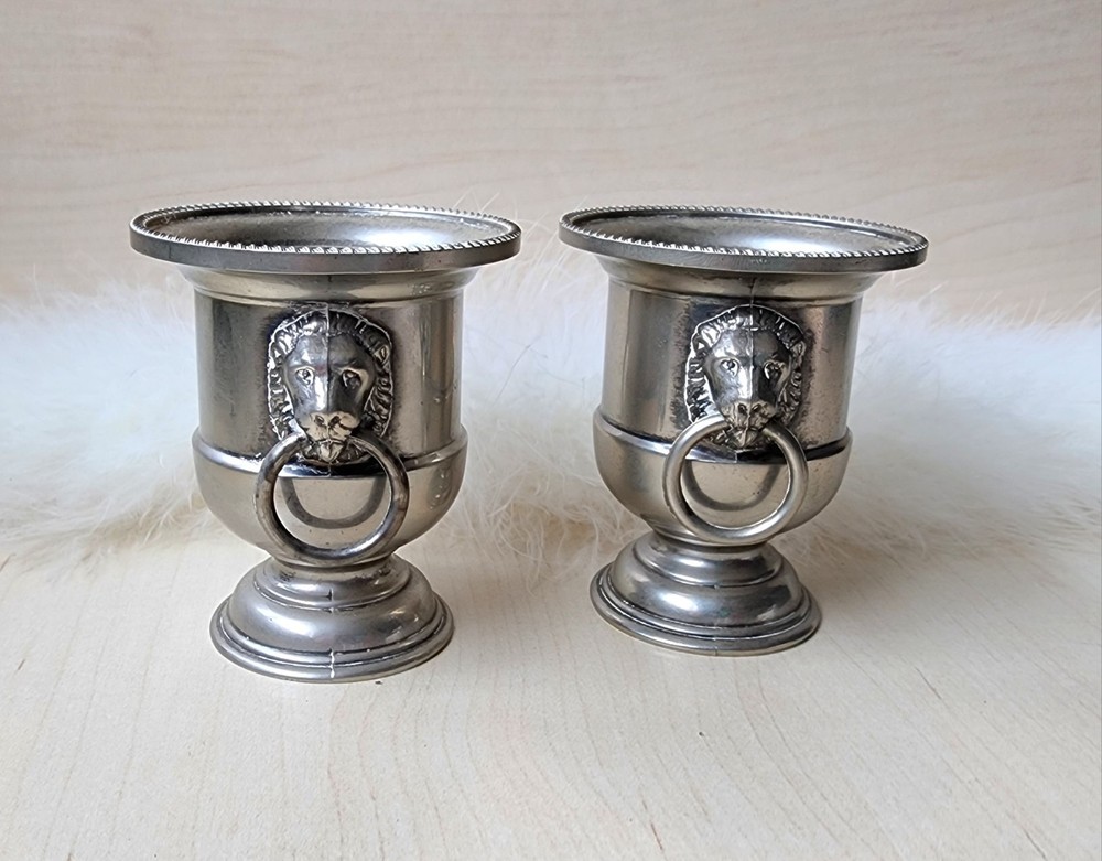 🌿 Pair Of Vintage EALES 1776 Lion's Head Metal Pot Silverplate 3" bucket Urns