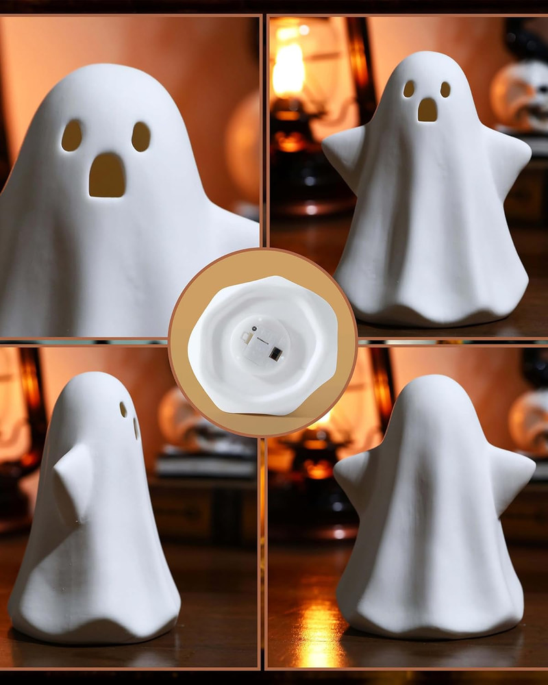 Ceramic Ghosts Small White Ghost Figurine, 3PCS Light up Ghost Decor