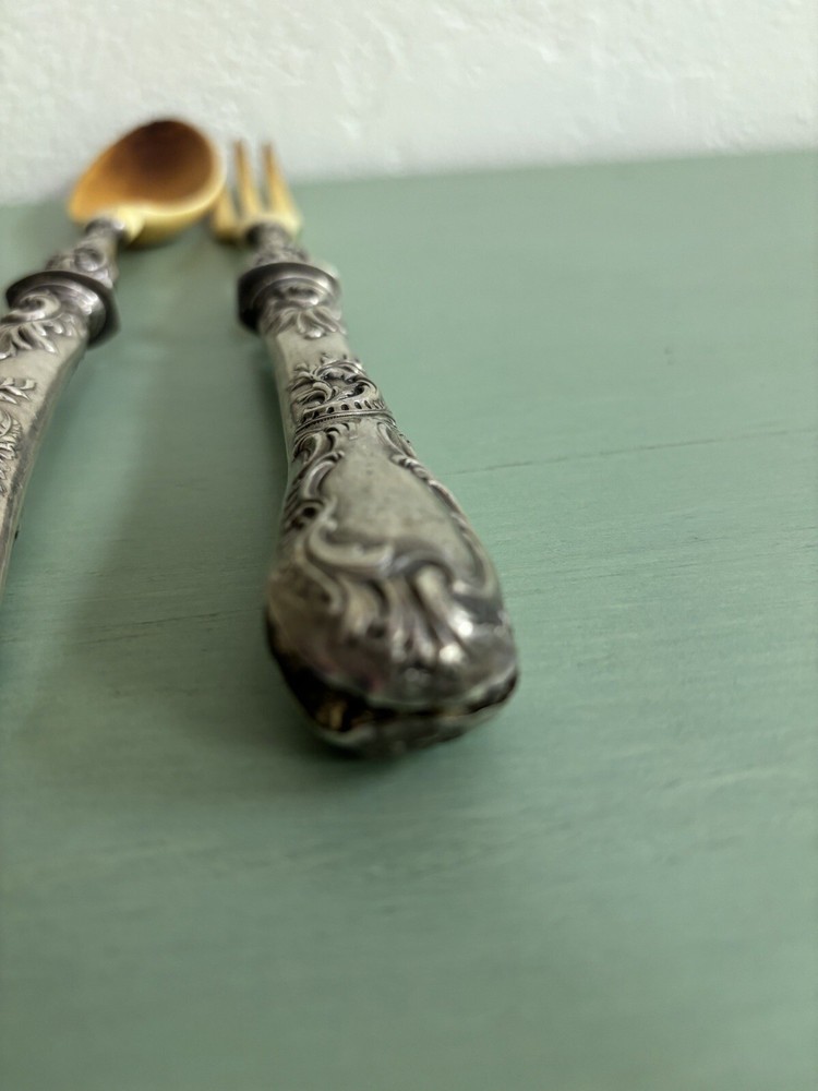 Antique silver And Horn salad Server fork and spoon (signed)