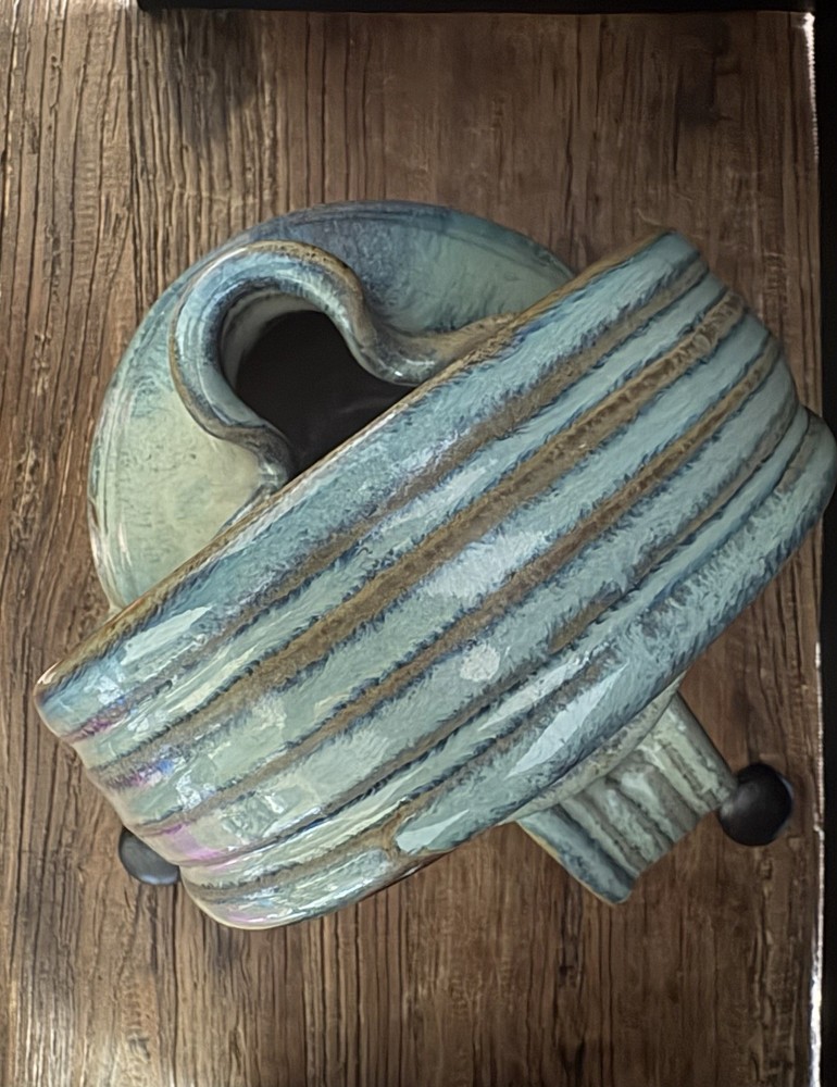 Studio Pottery Turquoise Glazed Pitcher Ribbon Handles Signed Olson(?) Heavy