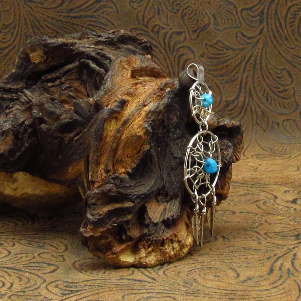 Sterling Silver Double Dreamcatcher Pendant With Turquoise Nuggets