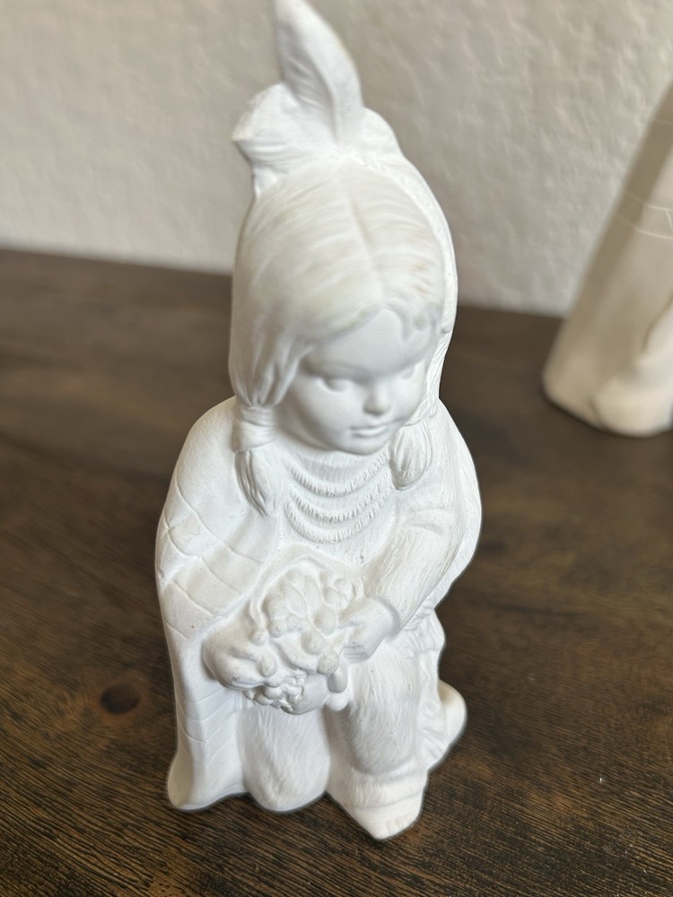 Ceramic Bisque Native American Nativity Set 17 Pc AS IS Feather Damage