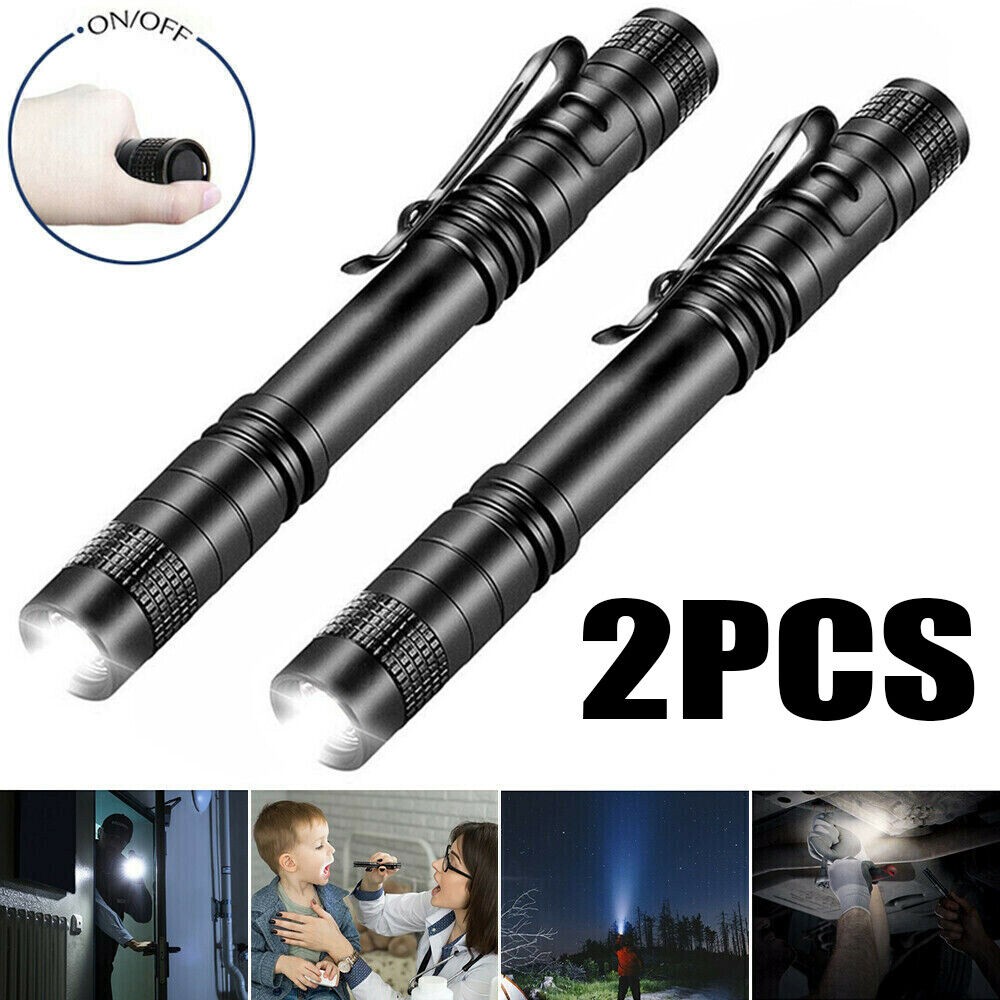 2X Mini LED Flashlight Clip White Light Penlight Pocket Portable Pen Torch Lamp