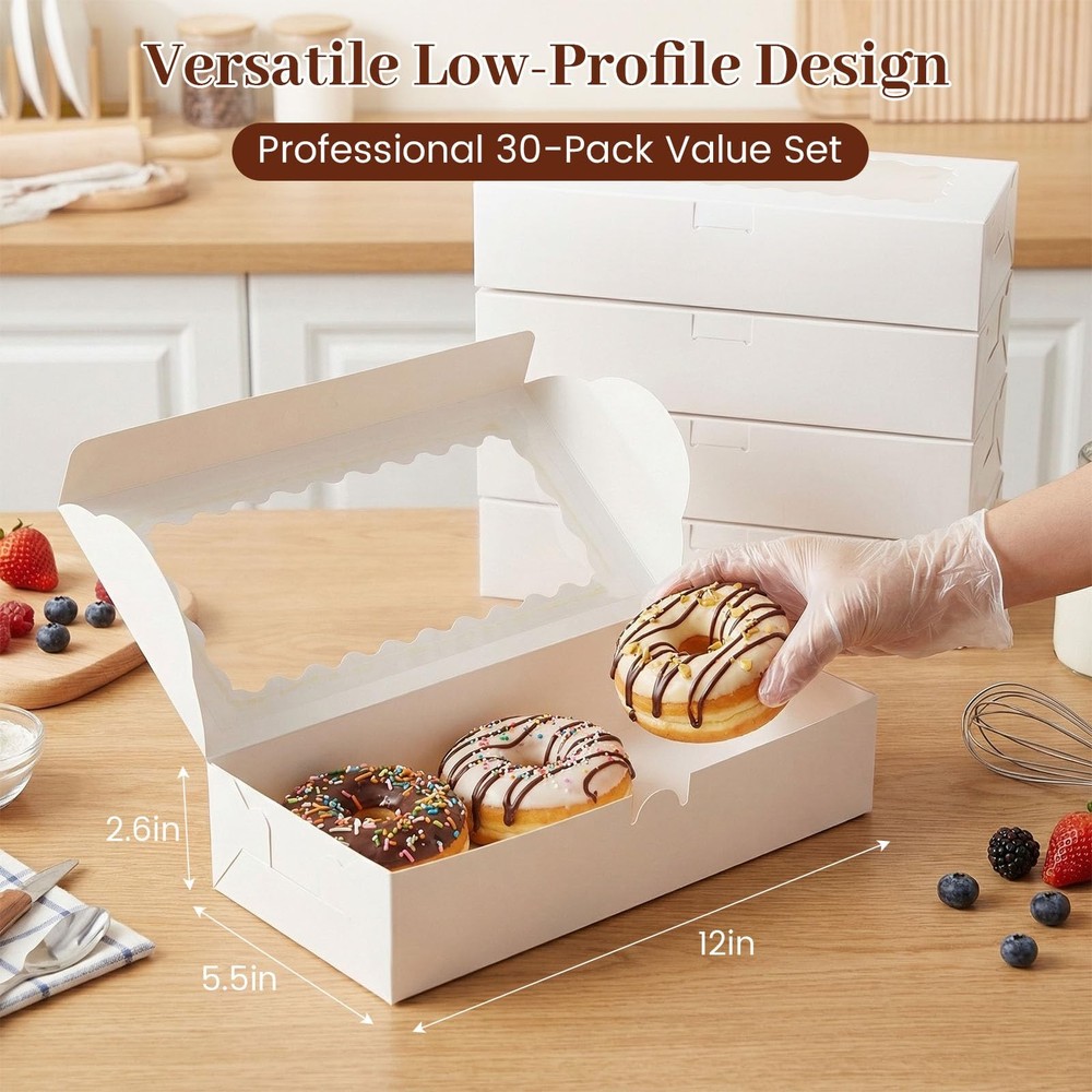 30 PCS 12x5.5x2.6 Inch White Bakery Boxes Window Cookie Cupcake Container