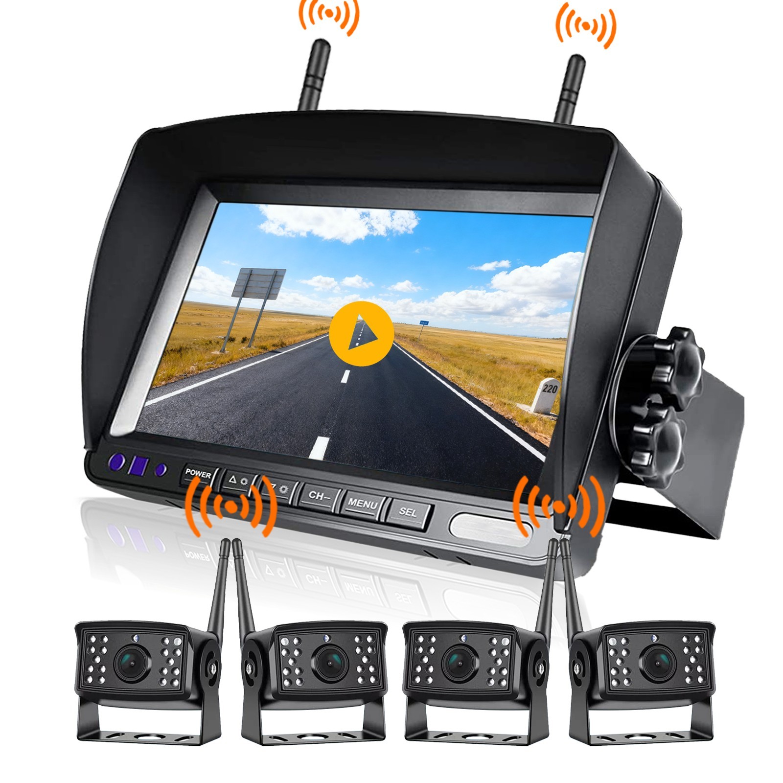 Wireless RV 4x 1080P Rear Side View Camera + 7" Monitor DVR Kit Truck Trailer