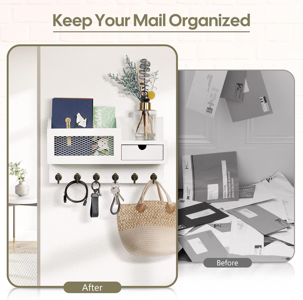 Key Mail Holder Wall Organizer With Hooks Drawer Rustic Entryway Storage White