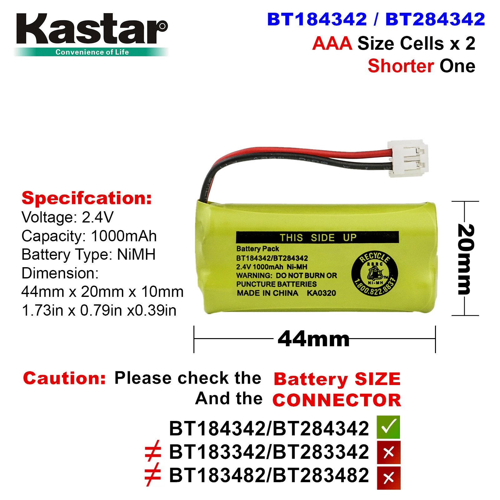 Kastar 2.4V 1000mAh Battery for Vtech BT-18433 BT-184342 BT-28433 BT8000 BT8300