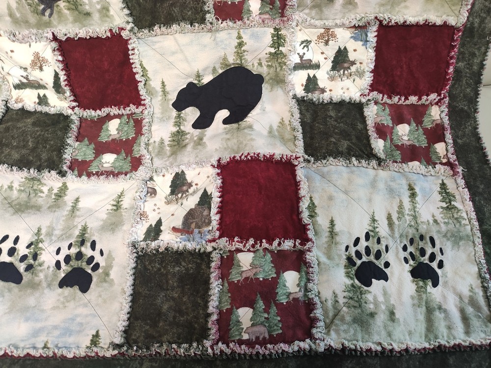 Lodge Woods Moose Bear Eagle Applique Patchwork Throw Quilt Wall Hanging 47x58"