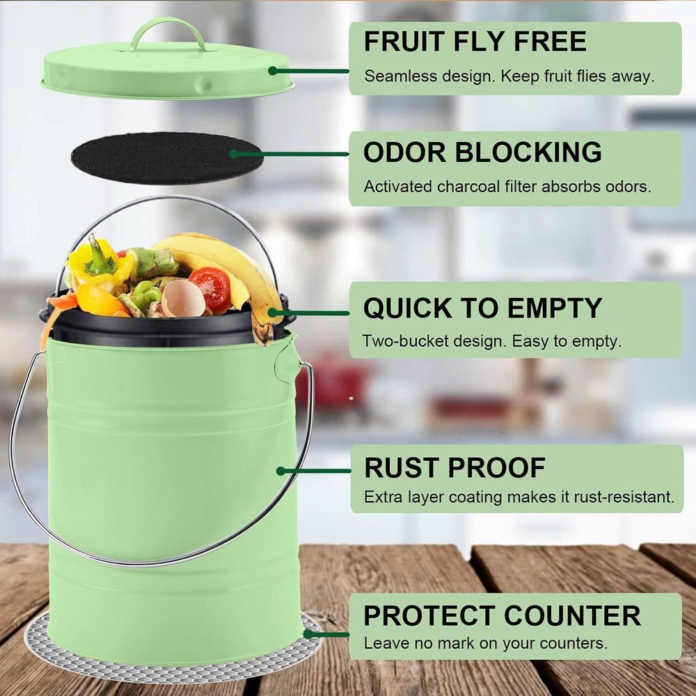 Compost Bin, Countertop Compost Bin with Lid, Kitchen Compost Container, Odor...