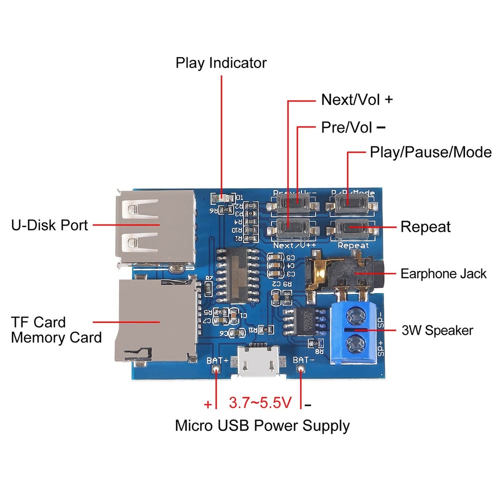 5PCS TF Card U Disk Play MP3 Decoder Player Module with Audio Amplifier Audio...