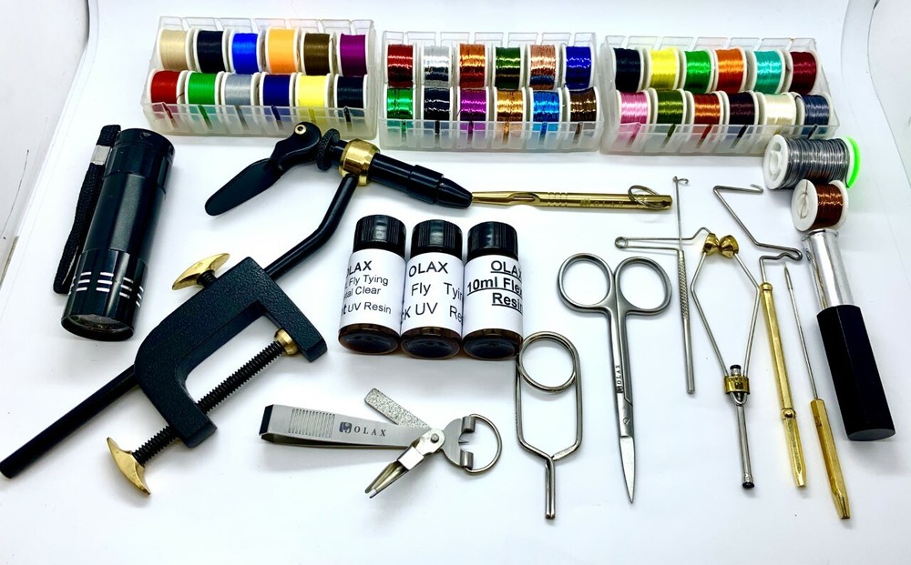 Olax Kodiak Fly Tying Tool & Material Kit, Floss, Tinsel, Thread, Glue