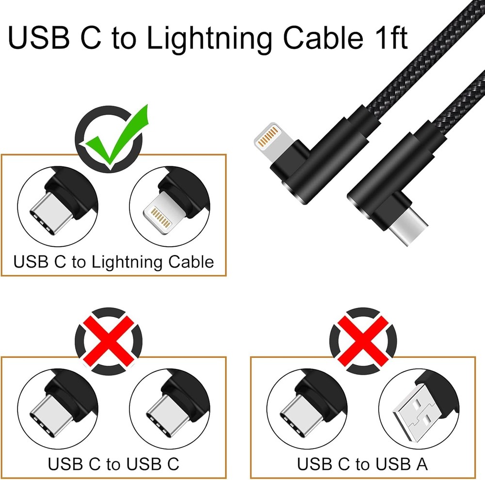 USB C to Lightning Cable 1ft 3 Pack MFi Certified Right Angle iPhone Black