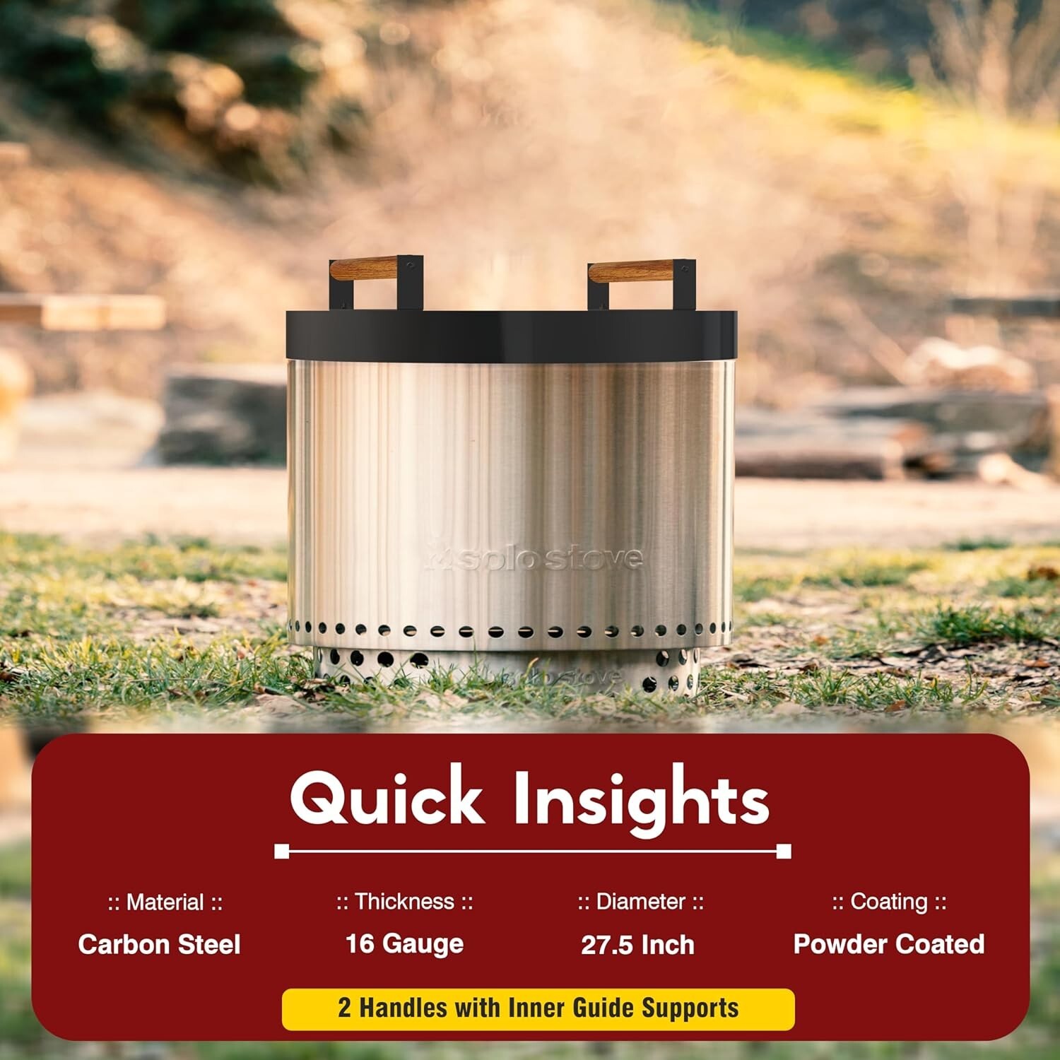 Firepit Snuffer Lid - For Solo Stove Yukon 2.0 & 1.0 - With 2 Wooden Handles