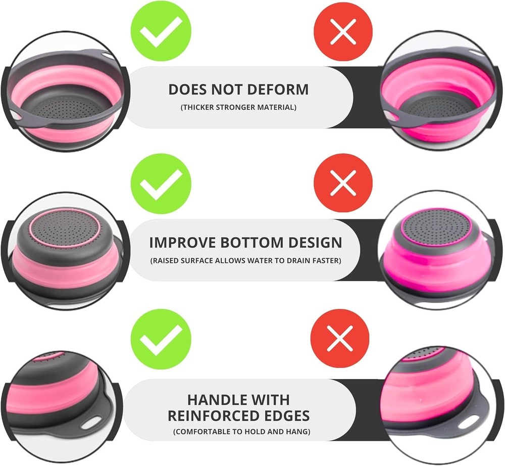 Pink Round Silicone Collapsible Kitchen Colander Plastic Handle Strainer