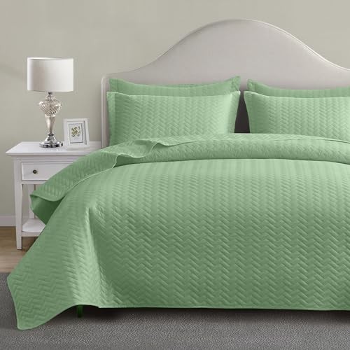 Quilt Set King, Lightweight Mint Green Bedspread Ultrasonic Chevron Pattern