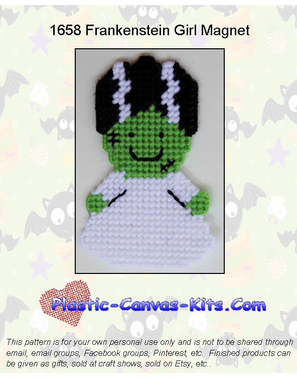 Halloween Frankenstein Girl Magnet-Plastic Canvas Pattern or Kit