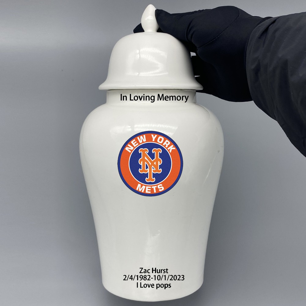 Ceramic Large Urn for New York Mets Baseball Theme, Custom Text & Number