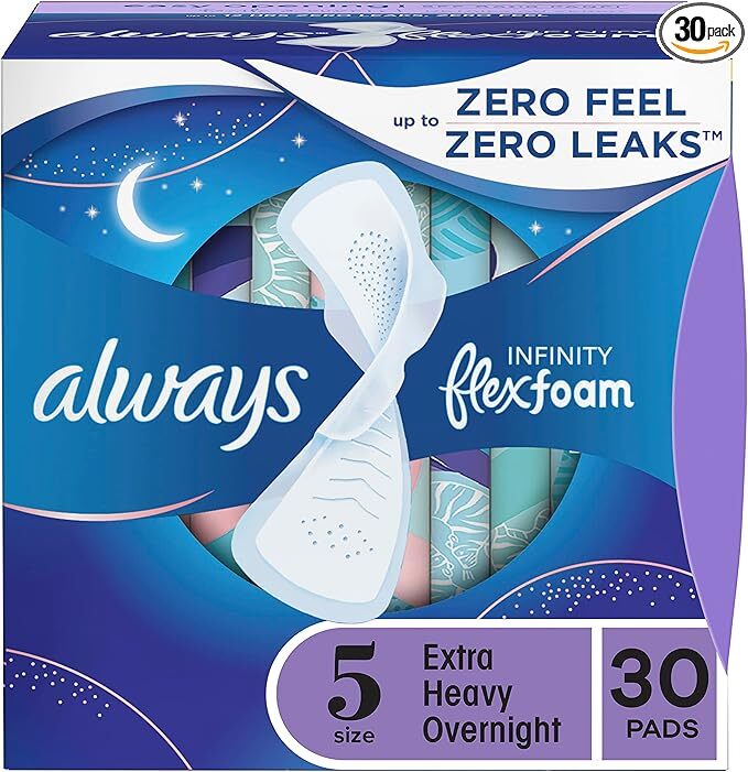 Always Infinity Feminine Pads, Size 5 Extra Heavy Overnight Unscented with Wings