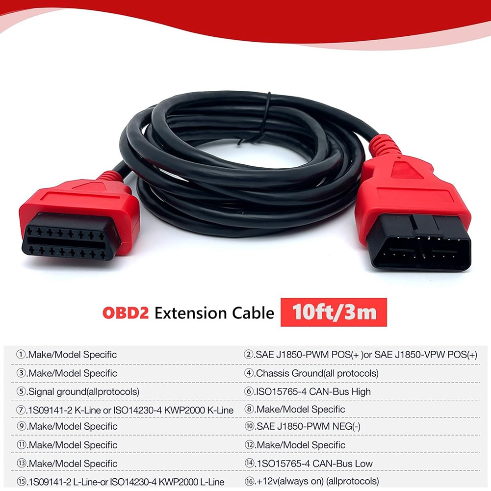 10ft/3m Ultra-Long OBD2 Extension Cable 16-Pin OBD-II Male to Female Extension