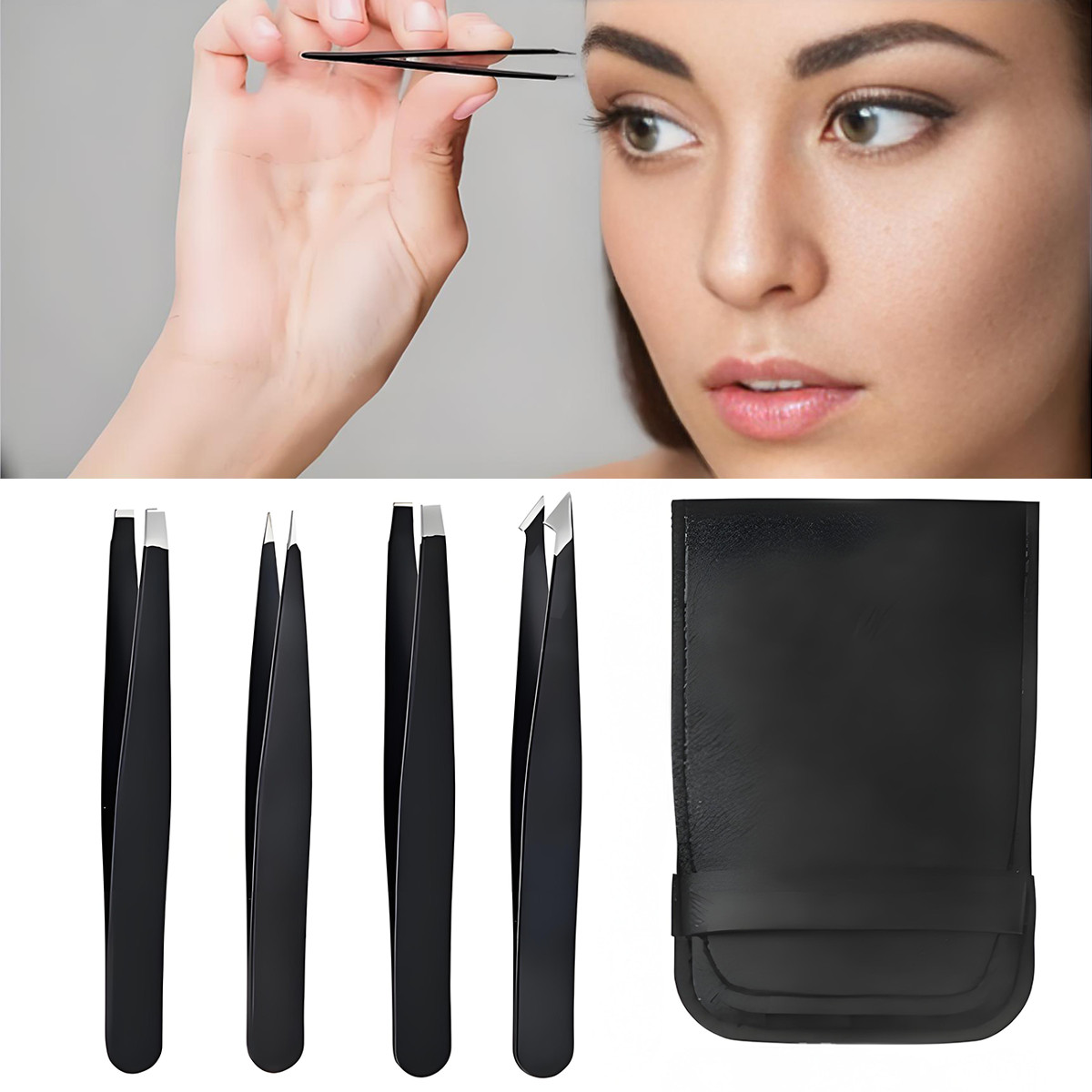 Tweezers Set 4-Piece Professional Black Plucker Stainless Steel With Case US