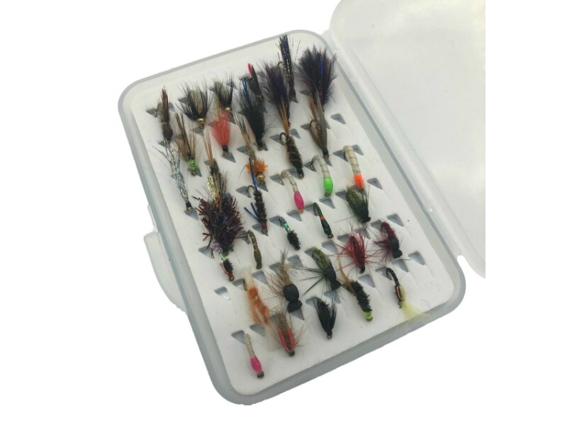 35pc Fly Fishing Assorted Wet Fly & Buzzer Set + Small Slim Clear Fly Box