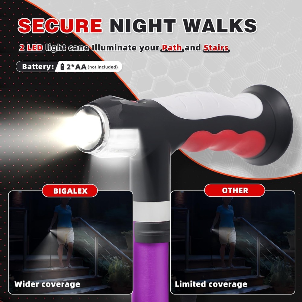 Folding Walking Cane with Two Led Lights for Elderly Solid Base Adjustable Wa...