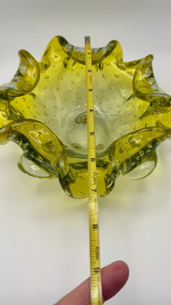 Vtg Murano Double Ruffled Controlled Bubbles Console Dish Ashtray Lime Yellow