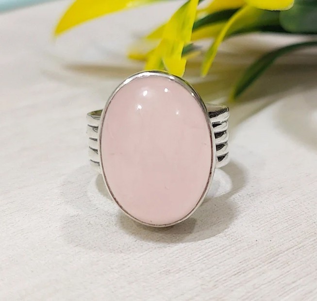 Solid 925 Sterling Silver Natural Pink Rose Quartz Gemstone Boho Handmade Ring