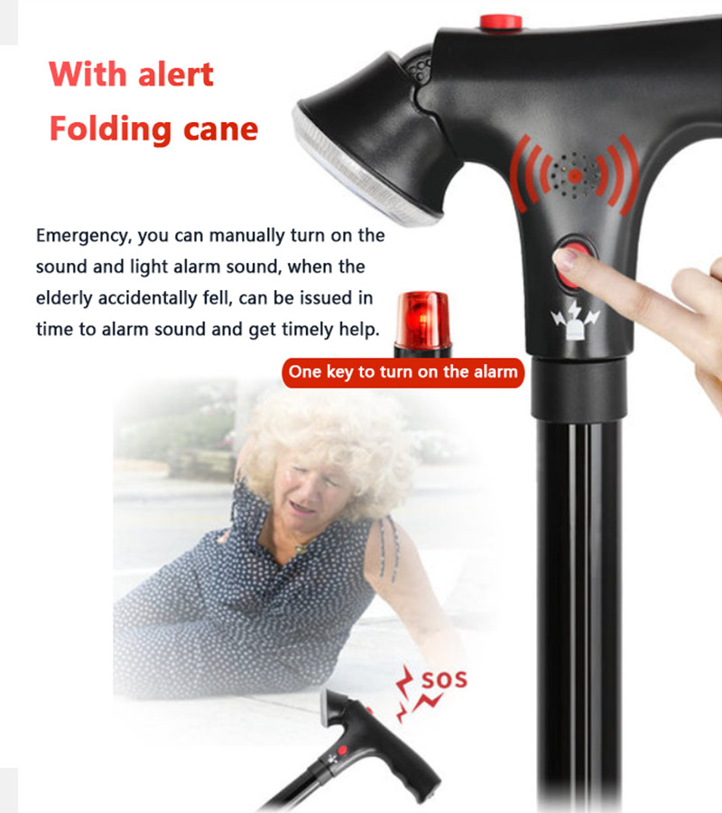 Foldable Walking Stick w/Alert Function LED Light Height Adjustable Walking Cane