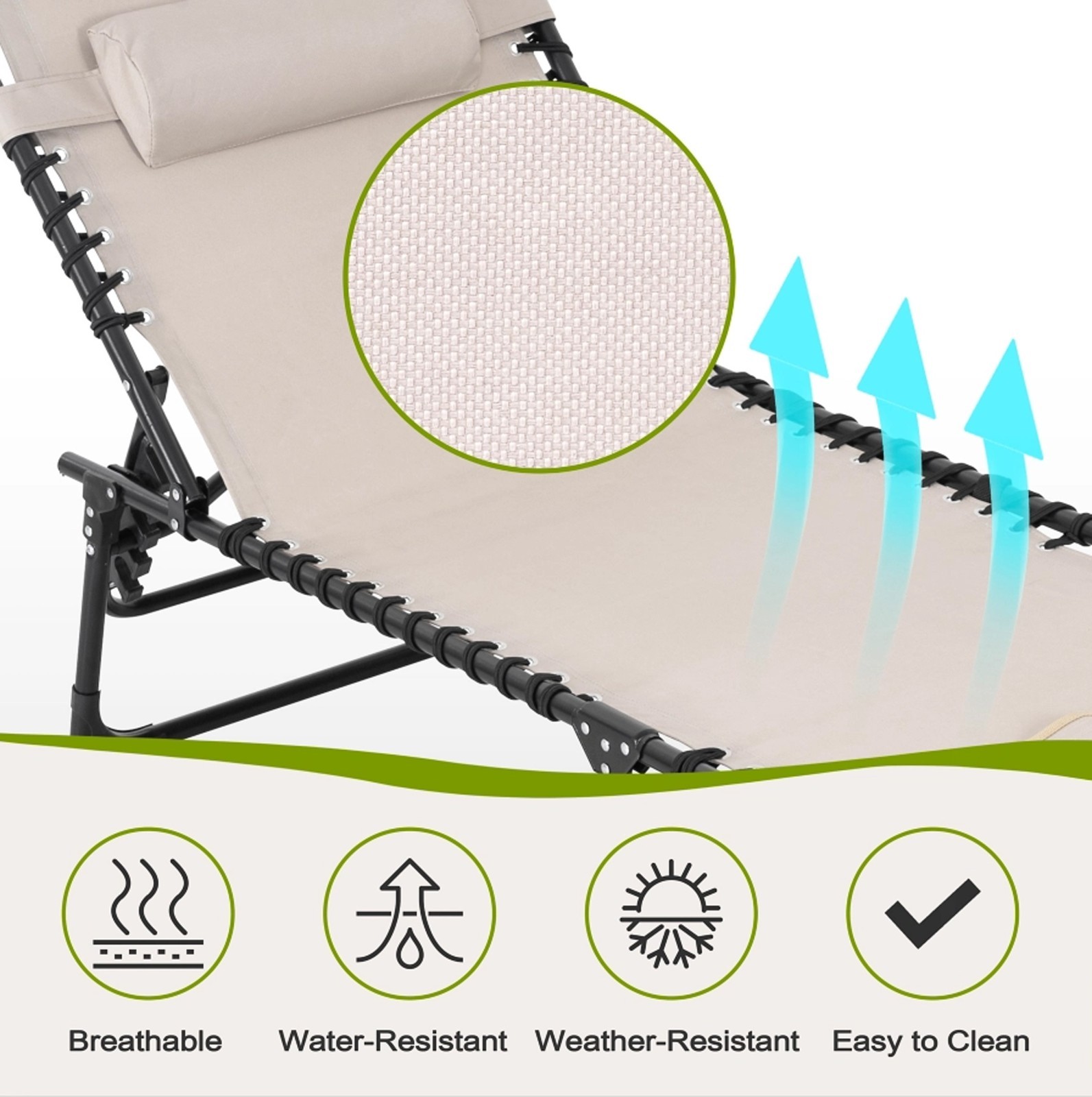 Nuu Garden Foldable Outdoor Chaise Lounge Chair Adjustable Patio Recliner Beige