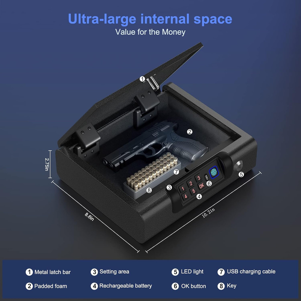 Biometric Handgun Safe with Fingerprint, PIN & Key - Secure Storage Solution