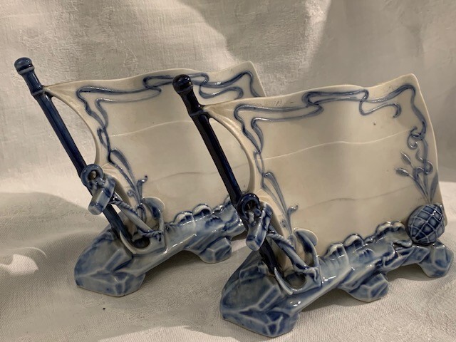 two antique place cards, menu stands maritime theme