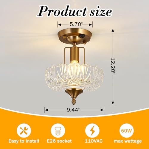 Motion Sensor Semi Flush Mount Ceiling Light Gold Hallway Light Fixture with