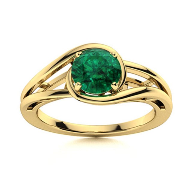 Solitaire 5MM Round Emerald 925 Sterling Silver Gold Plated Split Shank Ring