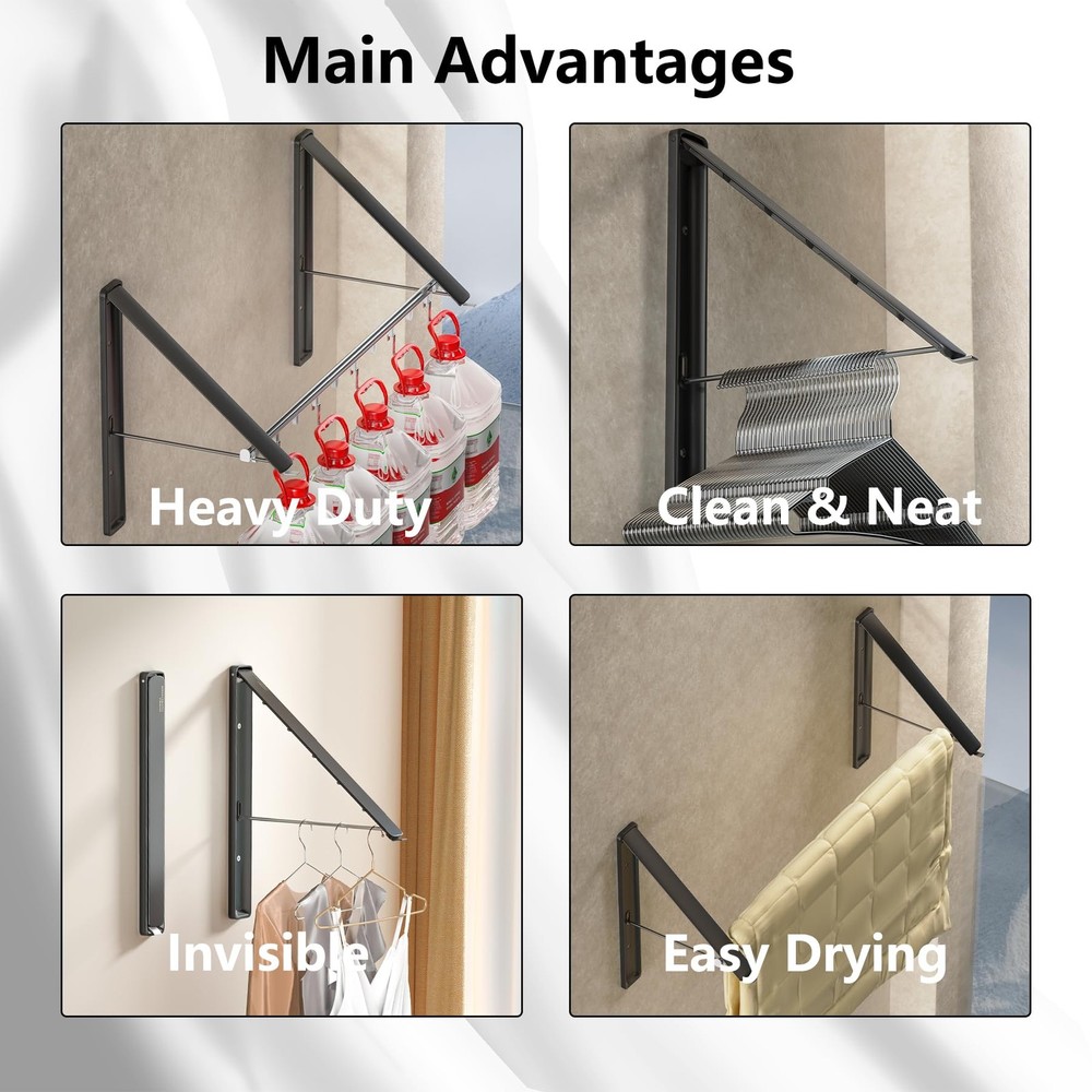 Dr.DJ Wall-Mounted Foldable Clothes Drying Rack with Rod - Retractable, Metal