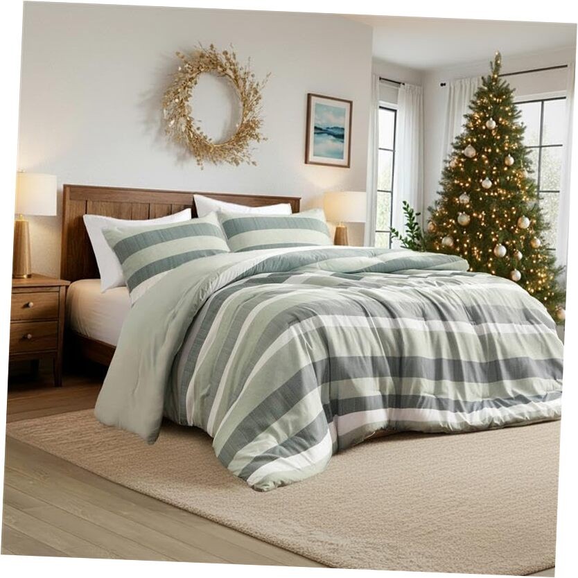 Comforter Set, 3 Pieces Striped Bed Set, Soft Brushed Microfiber King Sage