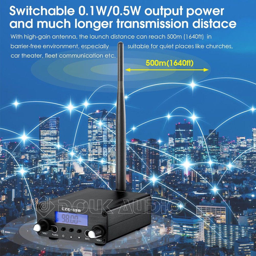 FM Transmitter 0.5W 76MHz~108MHz AUX+MIC Stereo Broadcast Station w/LCD Display