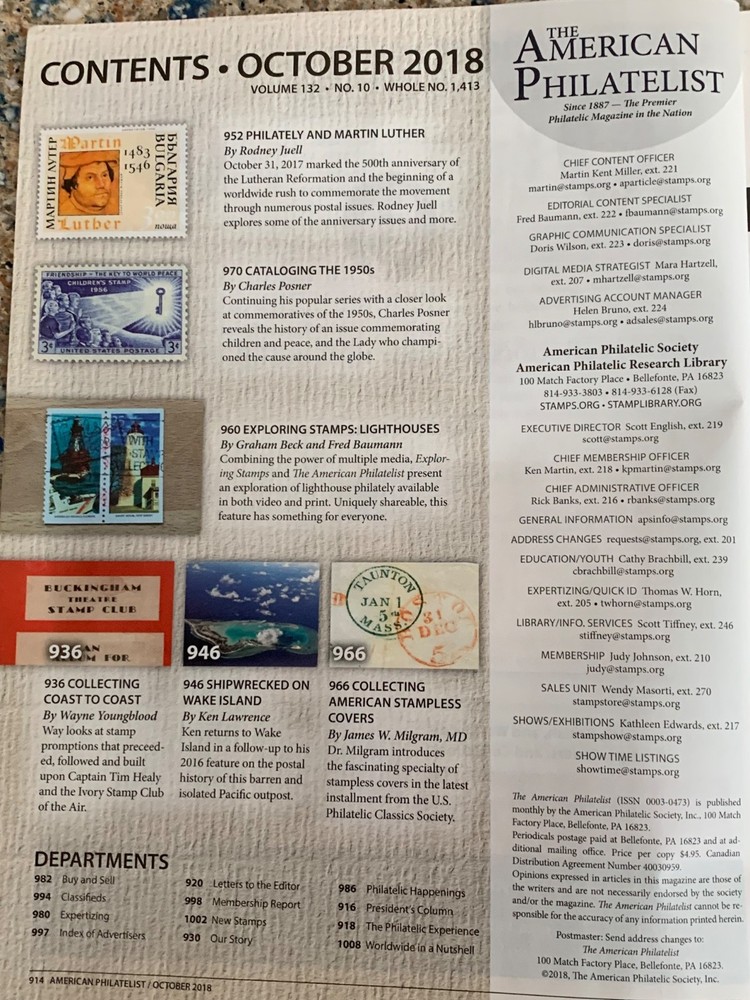 American Philatelist Magazine 2018, October
