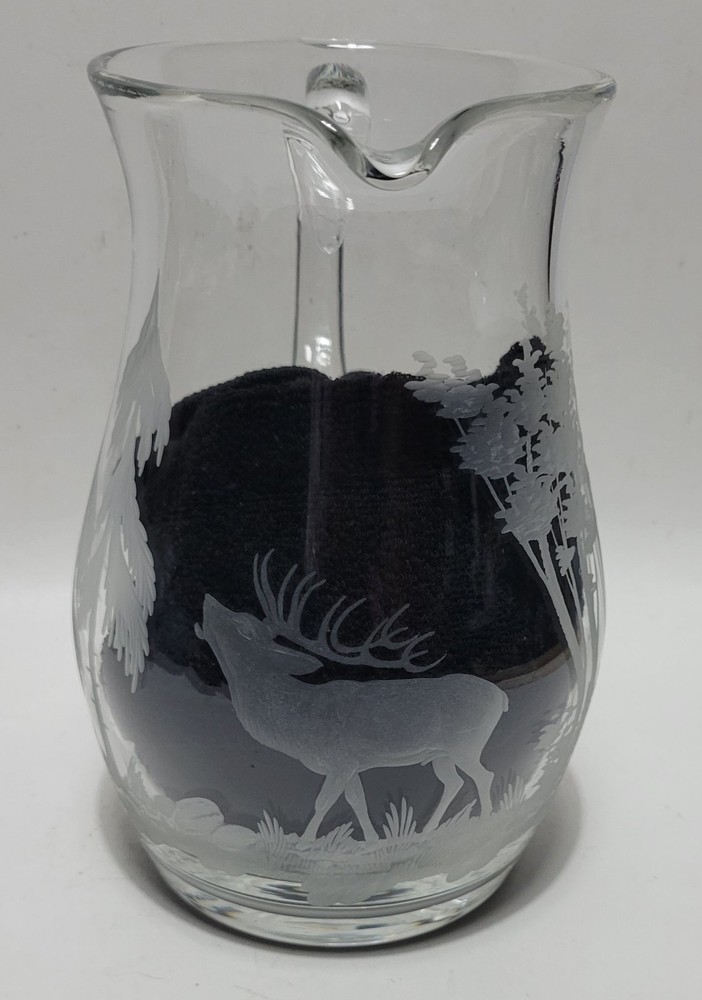 Etched Elk In Forest Crystal Pitcher
