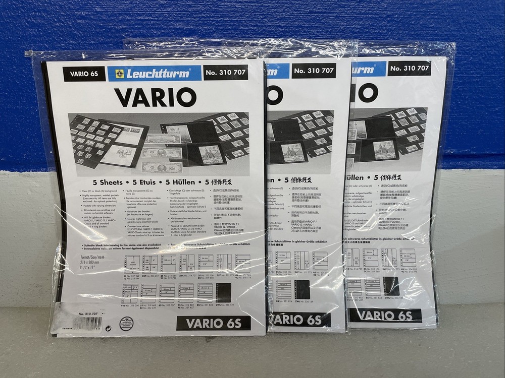 Lighthouse Vario 6S Stamp Page Protective Sheets Black Back Lot Of 3 Packs Of 5